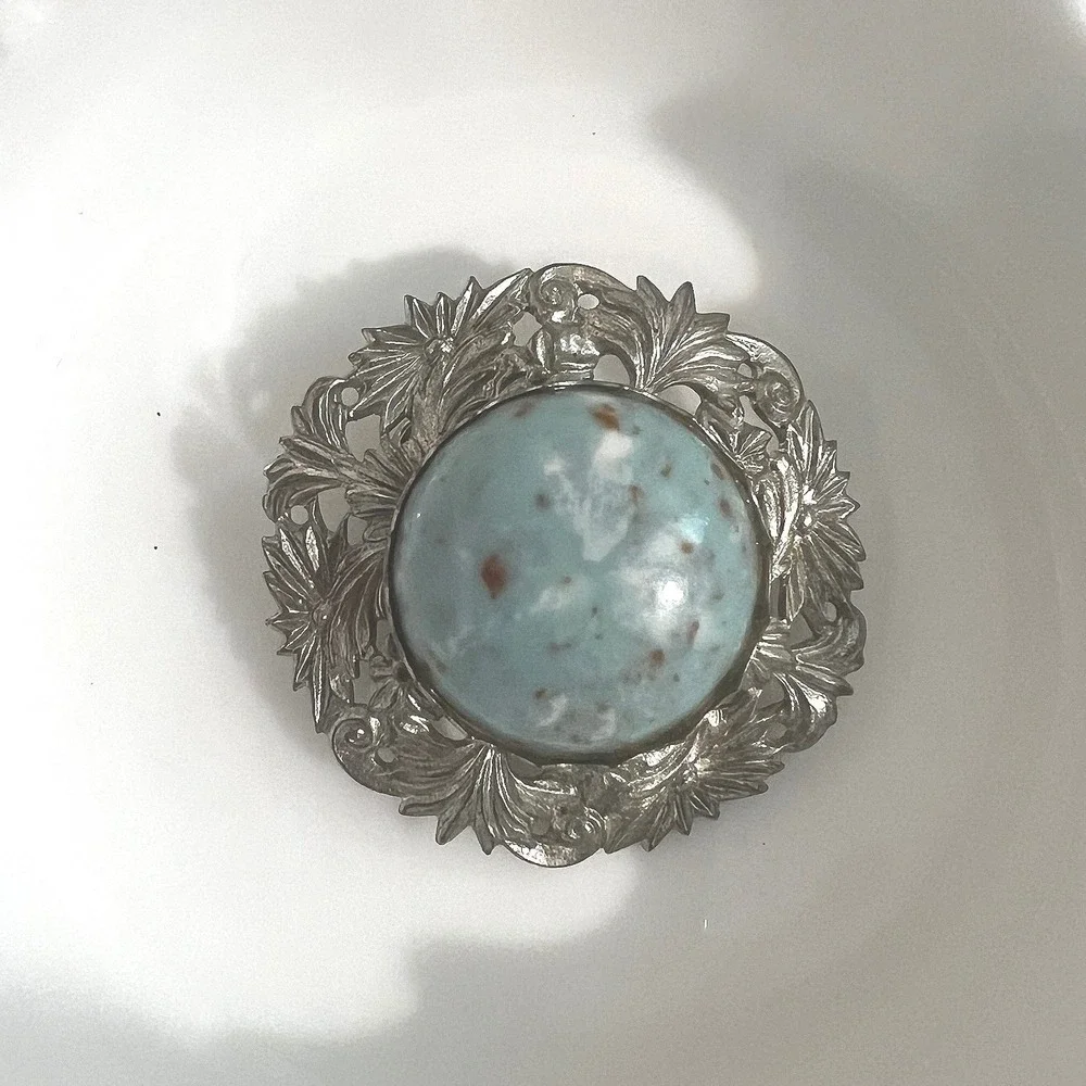 Vtg‎ Victorian Style Silver Turquoise Blue Cabochon Floral Filigree Brooch Pin